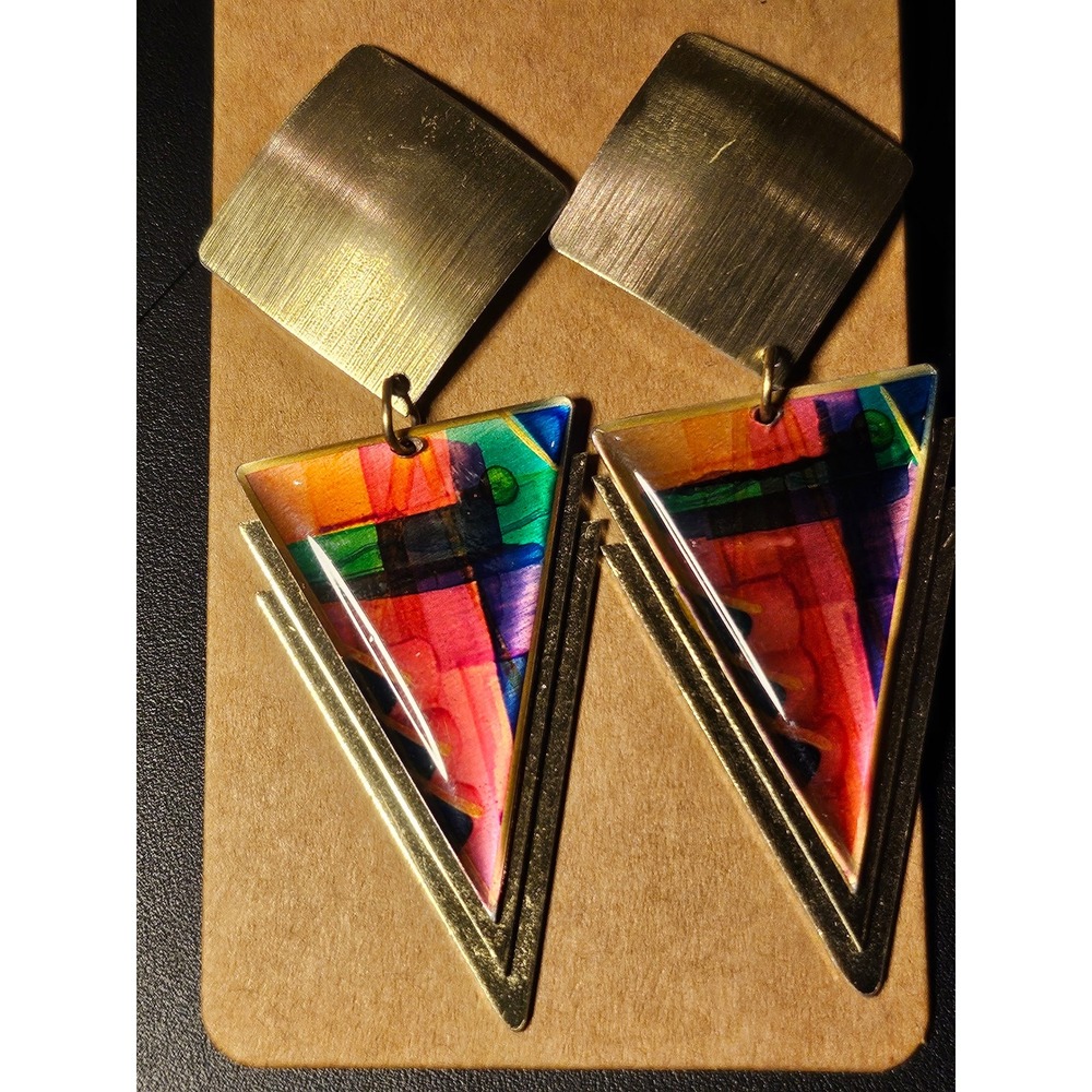 Vintage Geometric Abstract Resin Drop Earrings Gold Tone Multi Color Triangle